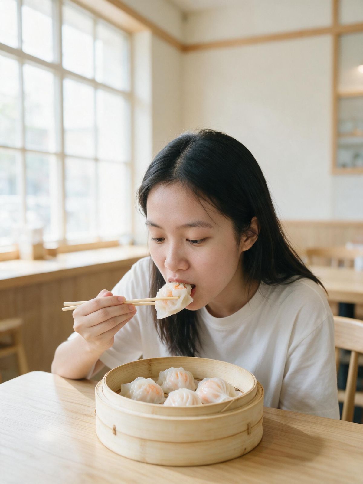 Một bạn trẻ ngồi ăn dimsum bên xửng tre, ánh sáng ban ngày tràn qua cửa sổ