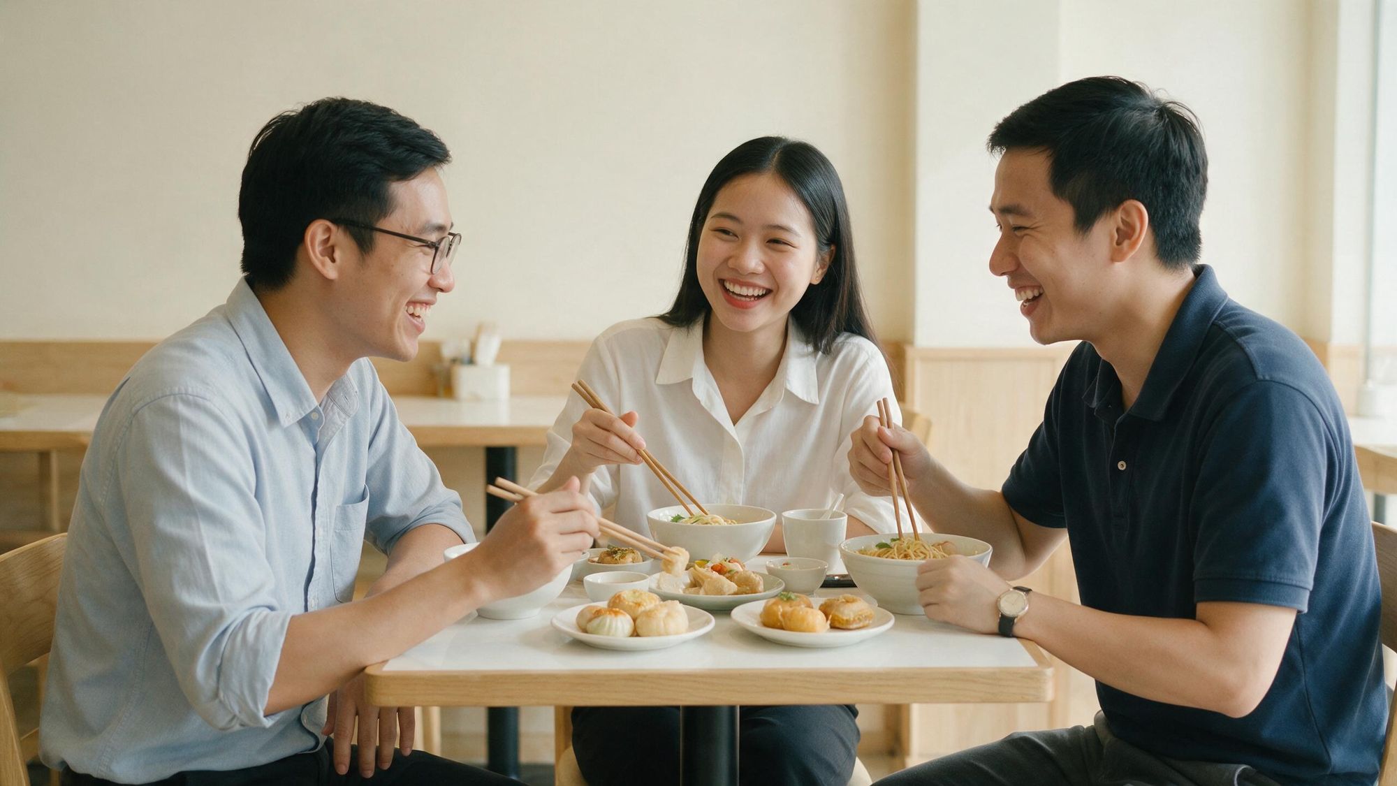 Ba người bạn ngồi cùng bàn, cười nói và gắp dimsum trong quán Cảo Vương