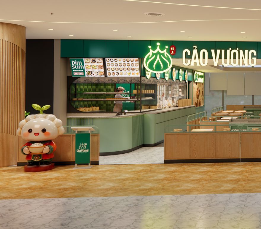 Mặt tiền quán Cảo Vương với biển hiệu xanh ngọc bích, mascot viên cảo đội vương miện và quầy bếp mở phía sau