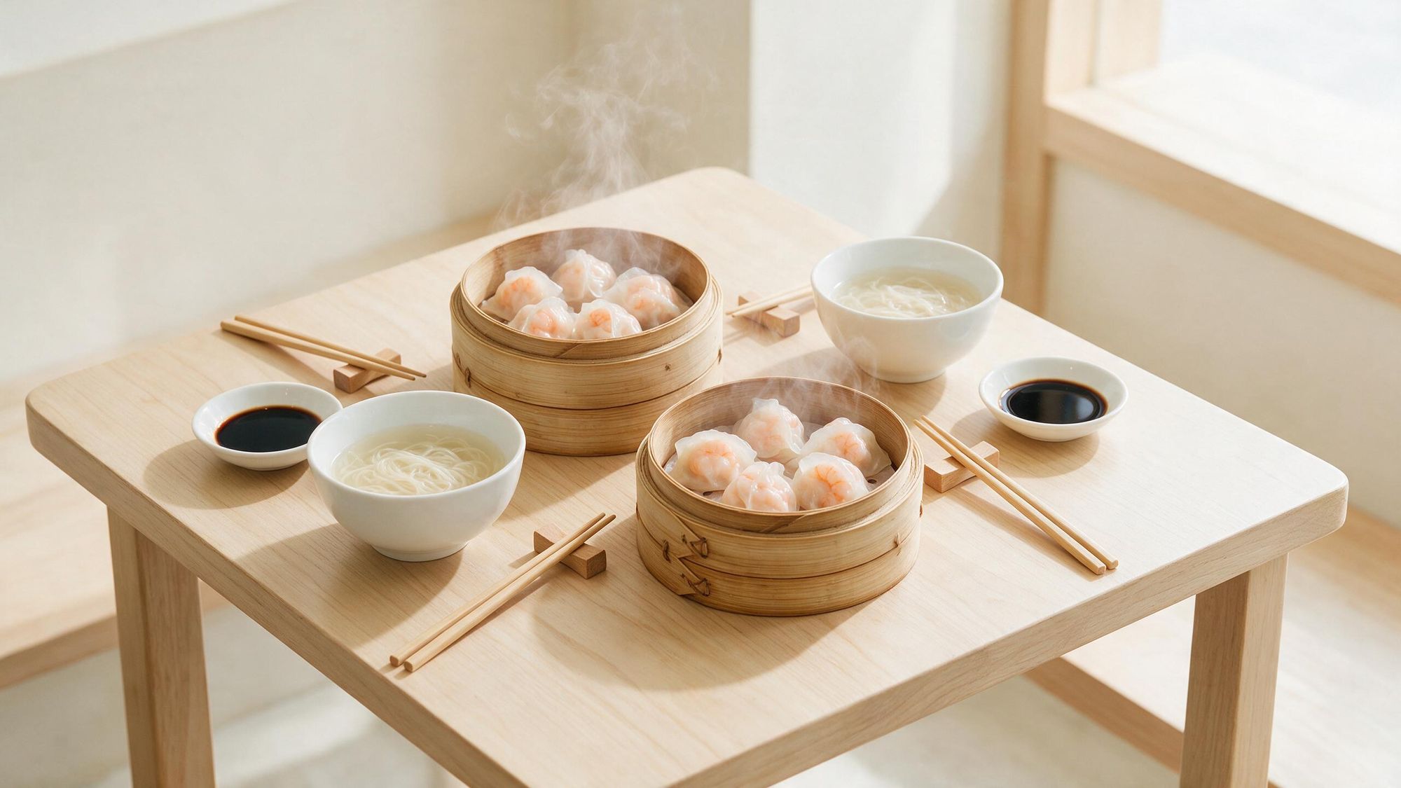 Bàn gỗ bày hai xửng dimsum còn bốc khói, tô mì và chén nước chấm cho nhóm bốn người
