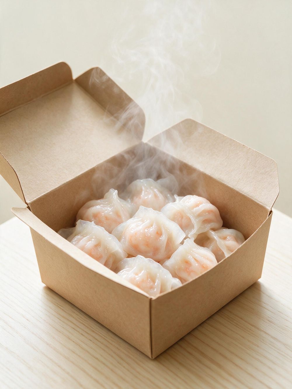 Hộp giấy mang về mở nắp, bên trong là mẻ há cảo tôm còn bốc khói